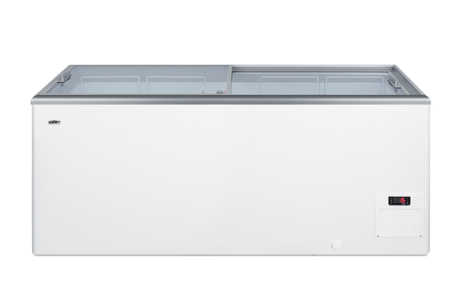 Flat top commercial ice cream freezer with sliding glass lid, digital thermostat, novelty baskets, and 17.8 cu.ft. capacity